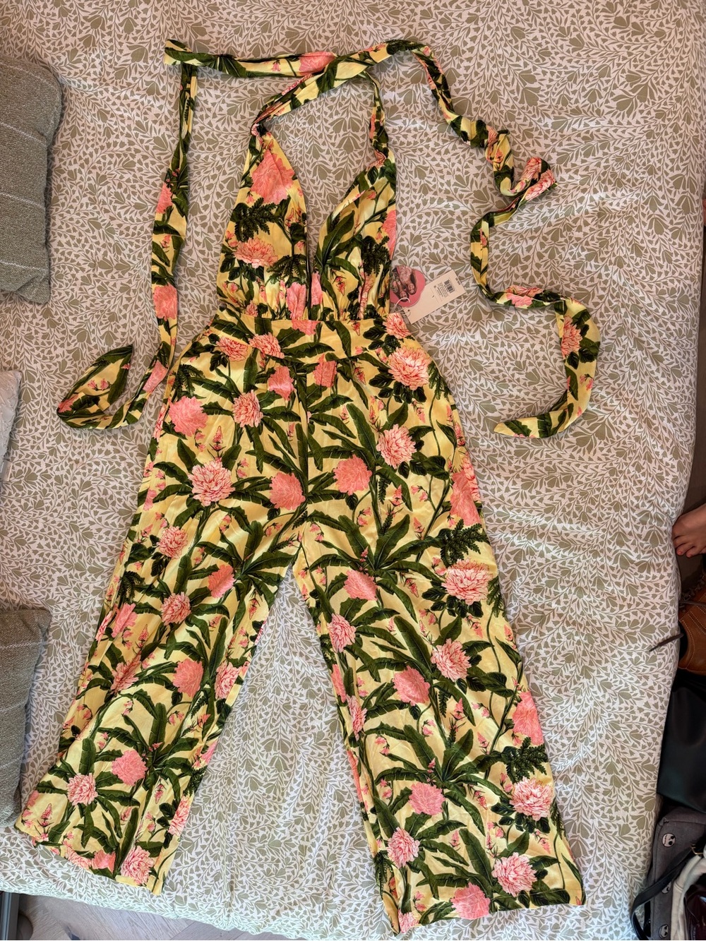 NWT Agua Bendita Yellow Halter Floral Jumpsuit with Pink Flowers